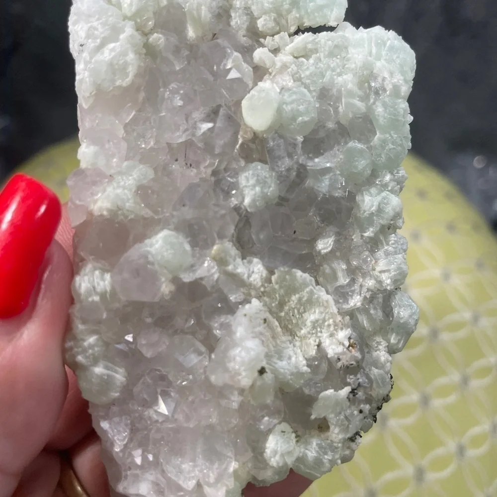 NATURAL CLEAR QUARTZ /DIAMOND QUARTZ COVERED IN PREHNITE 2.5”x2” - Picture 6 of 8